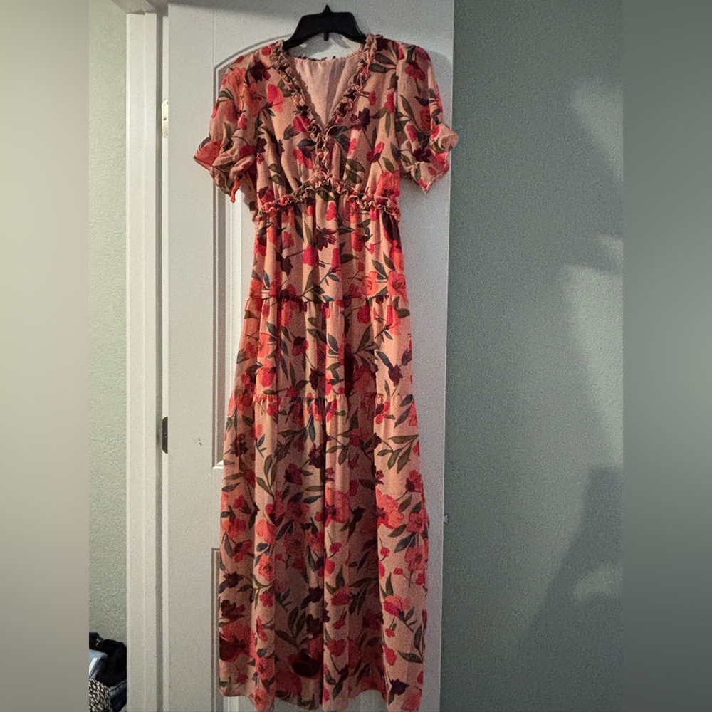 SHEIN Red and Pink Floral Maxi Dress
